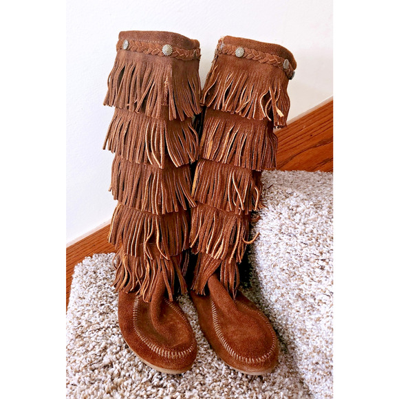 Minnetonka 5 Layer Fringe Boots Womens 8 Brown Suede Tall Zip Moc - Picture 2 of 10
